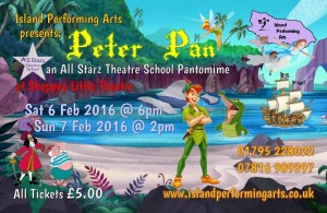 All Starz Theatre School pantomime, Peter Pan, at Sheppey Little Theatre on Sat 6 (6pm) and Sun 7 (2pm) February