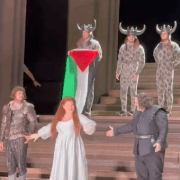Scuffle breaks out on stage of Royal Opera House after performer unfurls Palestinian flag