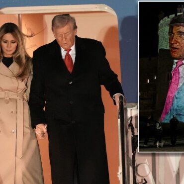 Trump’s state visit begins as Epstein images beamed on to Windsor Castle
