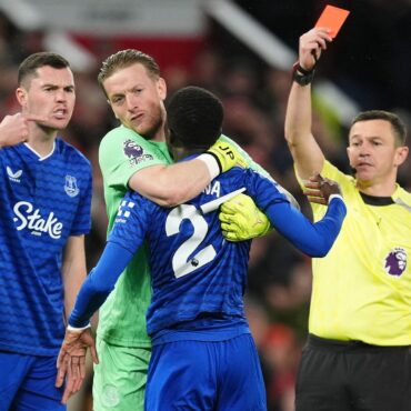 Everton player sent off after clashing with his own teammate