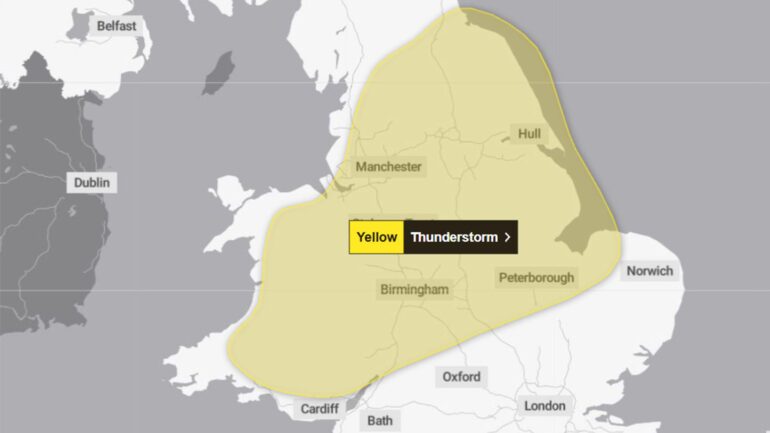 Yellow warning as thunderstorms could lead to flooding and travel disruption